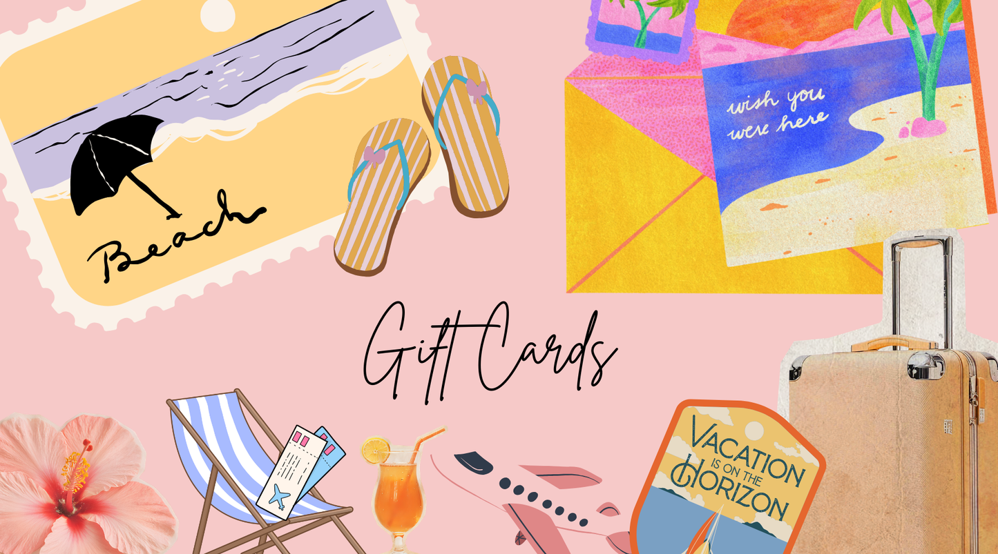 Collage of travel-themed gift cards with beach elements on a pink background